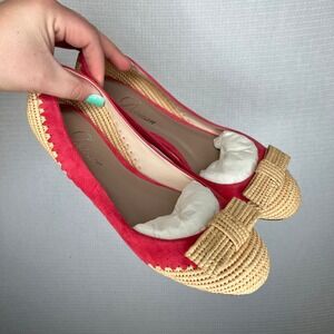 Delman Pink Suede Raffia Bow Ballet Flats Made in Spain Size 9.5M